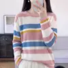 Suéter de tricô com listras em cores contrastantes, gola redonda e mangas compridas para mulheres, outono e inverno, 100% algodão puro, emagrecimento, versátil, top suéter que rejuvenesce