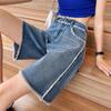 Shorts jeans feminino de cinco pontas, cintura alta, slim fit, formato A, solto, reto, perna larga, linha traseira