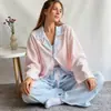 Otoño Invierno 2026 Nuevo Transfronterizo Europeo y Americano Bloqueo de Color Azul y Rosa Algodón Puro Holgado Manga Larga Pantalón Largo Conjunto de Ropa para el Hogar Pijama Mujer
