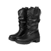 Botas de cuero de otoño e invierno de talla grande hasta la pantorrilla con punta redonda, suela gruesa, diseño slip-on antideslizante, botas ligeras de tacón medio para mujer, botas de equitación de tacón cuadrado transfronterizas
