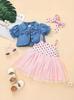 Conjunto de Moda Infantil Verão Novo Transfronteiriço Saia de Gaze com Bolinhas com Jaqueta Jeans Curta
