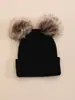 Gorro de punto gofrado de doble pompón y doble punto de pelo sintético de visón para niños de otoño e invierno, gorro sin visera cálido para exteriores que protege los oídos