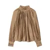 Nuevos tops de mujer de primavera y otoño con cuello mao, manga larga y plisados, transfronterizos europeos y americanos de Amazon para venta al por mayor