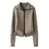 Abrigo de Lana Patchwork Bloque de Color Doble Cremallera Solapa para Mujer Holgado Versátil Viaje Ceñidor de Cintura Cardigan 100% Lana Pura Grueso
