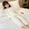 Pijama Infantil Feminino de Algodão Nuvem Conjunto Gola V Manga Longa Calça Longa Desenho Animado Fofo Roupas de Casa para Primavera e Outono para Crianças Maiores