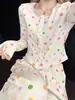 Pijamas de Ropa para el Hogar para Mujer, Conjunto de Tres Piezas con Chaqueta Cardigan de Lunares para Primavera y Otoño, Traje de Talla Grande, Ropa de Hogar Moderna para Mujer