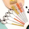Estilo INS estilo coreano juego de cubiertos de acero inoxidable 304 mango de tres remaches cuchara y palillos mango largo para el hogar cuchara palillos de acero inoxidable