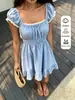 Comercio Exterior Transfronterizo Vestido Cuadrado de Verano Estilo Francés con Mangas Abullonadas para Mujer, Ceñido a la Cintura, Adelgazante, con Ribete de Encaje, Vestido Corto de Corte A