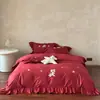 1 Conjunto de Cuatro Piezas Estilo Romántico y Femenino de Algodón Puro de Fibra Larga con Bordado de Poni Dorado y Funda Nórdica de Encaje, Ropa de Cama de Algodón Puro