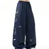 Calça de moletom larga, com cintura elástica, estampada, estilo americano, azul escuro, para homens e mulheres, solta, casual, relaxada e com bom caimento.