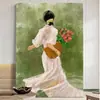 Pintura decorativa para sala de estar de segunda mano, estilo wind light luxury, temporada de flores, figura de niña, estética, personalidad, pasillo de entrada, pintura colgante verde retro