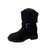 Botas de Cano Curto Western Versáteis com Salto Grosso Meio da Panturrilha Fivela de Cinto Cano Curto Nova Moda 2026 Salto Botas Femininas Amassadas Empilhadas