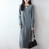 Novo vestido de malha feminino outono e inverno 100% lã pura, gola redonda, caimento justo, macio e amigável à pele, longo