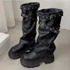 Novas Botas Túnica Versáteis de Solado Grosso para Mulheres Outono/Inverno 2026, Botas Longas de Cavaleiro Brancas Estilo Britânico que Aumentam a Altura para Mulheres Baixas