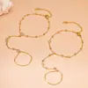 Corrente de dedo cravejada com quadrados de zircônia e pulseira de corrente de contas, moda europeia e americana chique, joias de aço inoxidável 18k de luxo leve