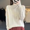 Suéter de mujer de lana peinada fina, cuello alto, crochet hueco, manga larga, nuevo top de encaje con cuentas 2024