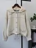 Cardigã de lã dupla face com design de tricô com costura contrastante e capuz, novo lançamento outono e inverno, capuz removível, casaco suéter solto feminino