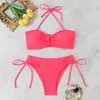 Novo Maiô de Duas Peças Estilo Europeu e Americano Transfronteiriço com Decote Halter, Costas Abertas, Cor Sólida, Adequado para Fontes Termais e Praia, Estilo de Amarrar, Moda Praia Amazon
