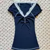 Verão Novo Roupa Feminina Azul Marinho Renda Patchwork Simples Top Slim Sexy Gola V Manga Curta Camiseta Atacado