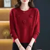 Suéter Espesso Outono/Inverno 2026 Novo Estilo com Flores Tridimensionais, Camisa Básica Casual Elegante Plus Size, Suéter de Tricô Tendência Feminino