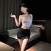 Meizi Lencería Sexy Secretaria de Oficina Escote Profundo Encaje Sexy Transparente Ajustada Ceñida a la Cadera Falda Conjunto Caliente de Uniforme para Mujer
