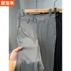 Pantalones de vestir casuales para hombre de seda de hielo elástica, nuevo estilo 2025, para jóvenes y mediana edad, pantalones rectos de negocios, pantalones largos finos de verano con bordado