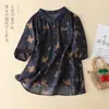 Camisa de Algodón y Lino Floral Verde Fresco para Mujer Top de Lino Fino de Alta Calidad Camisa Casual Literaria de Manga Corta con Botones