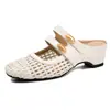 Versión en Stock~Mules de Verano para Mujer sin Cierre con Tacón Oculto, Punta Cuadrada Estilo Chanel, Diseño Tejido Hueco y Sandalias de Punta Cerrada