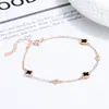 Pulsera de Plata S925 Oro Rosa Trébol de Cuatro Hojas de la Suerte Ágata Roja Natural para Mujeres Regalo del Día de San Valentín Joyería de Piedra Negra