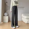 Pantalones anchos forrados de forro polar para mujer de otoño e invierno, pantalones de lana de cintura alta, pantalones rectos de pierna estrecha con patrón de espiga en el dobladillo dividido engrosado para invierno