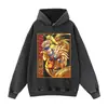 Sudadera con capucha negra estampada desgastada, lavada estilo americano, corte holgado oversized, sudadera unisex moderna inspirada en anime con hombros caídos
