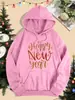 Feliz Ano Novo Estampa Artística de Letras Moletom Feminino Roupas Hip Hop Outono Inverno Moletom com Bolso Modelagem Solta