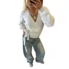 Deseo Camiseta Versátil de Color Sólido de Manga Larga para Mujer de Primavera y Otoño, Estilo Europeo y Americano, Ajustada, con Cuello en V, Suéter Cardigan de Moda