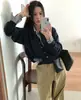 Enviado. Chique coreano outono/inverno nova coleção, gola polo estilo coreano, modelagem solta, blusa de tricô versátil para mulheres, 25410