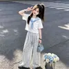 Conjunto Casual de Niña Verano Nuevo Estilo Coreano Estilo Universitario Cuello Marino Manga Corta Moda Cuadros Pantalones de Pierna Ancha Conjunto de Dos Piezas