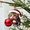 Acrílico Divertido Lindo Gato Gordito Sosteniendo Bolas de Navidad Decoración de Árbol de Navidad Adornos Colgantes Llavero Celebración Festiva
