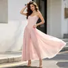 Vestido de alça estilo espinha de peixe francês para mulheres, cintura ajustada, vestido maxi de chiffon esvoaçante, adequado para festas, ocasiões formais e férias, em estoque