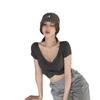Verano Nuevo Estilo Corto Top Relleno para Mujer Estilo Coreano Cuello en V Sexy Espalda Descubierta Camiseta de Manga Corta para Mujer Cintura Alta Cuello U Ajustado