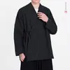 Jaqueta cardigan sem botões com gola diagonal estilo chinês, roupão de algodão e linho de corte solto para homens, roupa externa casual Hanfu estilo chinês novo retrô