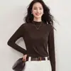 Camiseta Lyocell Tencel para mulheres, outono de 2026, feminina, básica, manga longa, gola alta discreta, modelagem justa, top de lã merino