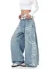 Jeans de Mezclilla Lavada Retro Europeos y Americanos con Estampado Lateral para Mujer, de Cintura Alta, Adelgazantes, Holgados, Casuales, Versátiles, Pantalones Curvos