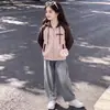 Elegante conjunto de dos piezas para niñas inspirado en el streetwear americano, que incluye una chaqueta con capucha y cremallera de bloques de color y pantalones vaqueros, perfecto para primavera y otoño.