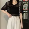 Disponibilidad Garantizada - si Agotado, se Notificará. Top de punto fino de manga corta hueco para mujer, seda fresca