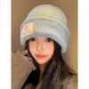 Gorro de Lana Tejido Azul para Mujer Otoño e Invierno Versátil Cálido Circunferencia de Cabeza Grande Protección para las Orejas Gorro Estilo Coreano