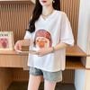 Diseño de Algodón Puro Manga Corta Estampada Verano Americano Nuevo Corta Dibujo Animado Pequeña Holgada Camiseta Top Manga Media