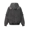 Chaqueta con capucha lavada y desgastada, algodón lona, marca punk moderna, ropa de hombre para primavera y otoño, orientada al diseño, patchwork deconstruido, estilo desierto
