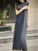 Saia Longa Sem Mangas Outono e Inverno Acima do Joelho para Mulheres, Vestido Longo de Tricô com Alças Finas e Gola Redonda, Saia Suéter Interna Lisa com Fenda Nova
