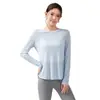 Nova Blusa Esportiva de Manga Longa Solta Respirável Proteção Solar Decote nas Costas Cruzado Barra Reta Roupa de Yoga Top Fitness