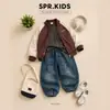 Ropa retro de otoño para niños 2026 nuevo estilo chaqueta de béisbol de bloques de color para niños con capa interior de cuadros, elegante conjunto casual de dos piezas