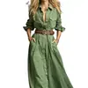 2026 Amazon Comercio electrónico transfronterizo europeo y americano Ropa de mujer color liso elegante vestido camisero largo con botones y mangas largas